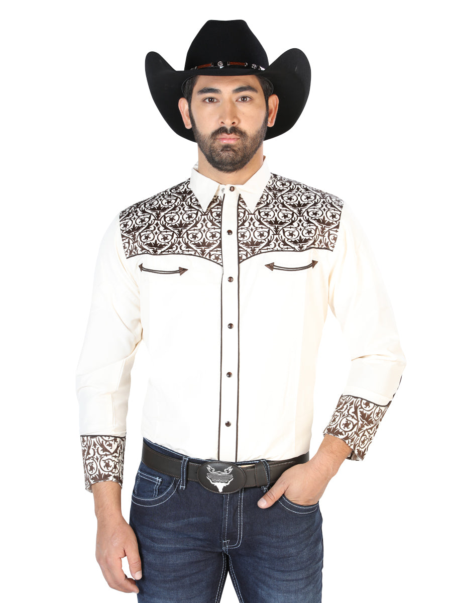 El Señor de los Cielos Embroidery Shirt in Beige/Gold