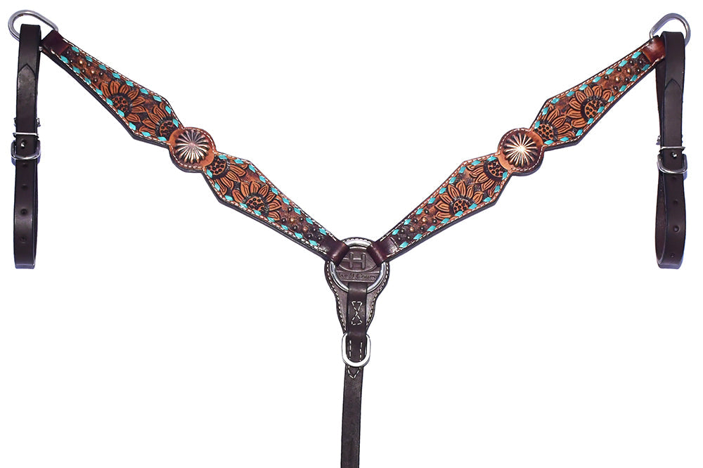 Bar H Equine Genuine Western American Leather Horse Premium Headstall &amp; Breast Collar Set
