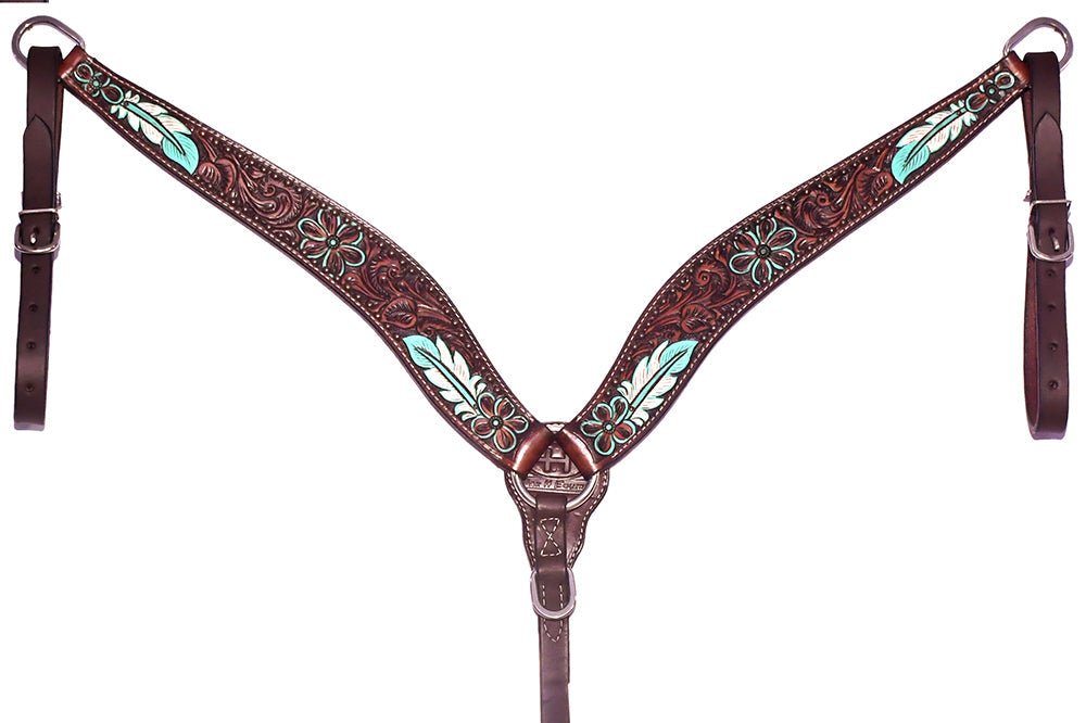 Bar H Equine Genuine Western American Leather Horse Premium Headstall &amp; Breast Collar Set