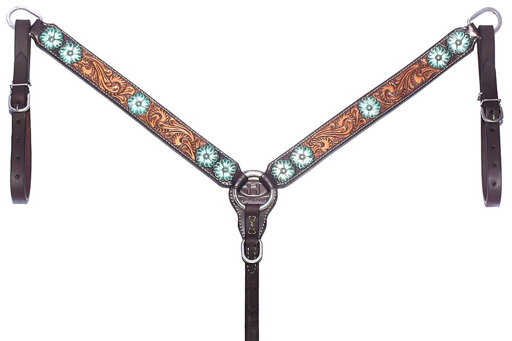 Bar H Equine Genuine Western American Leather Horse Premium Headstall &amp; Breast Collar Set