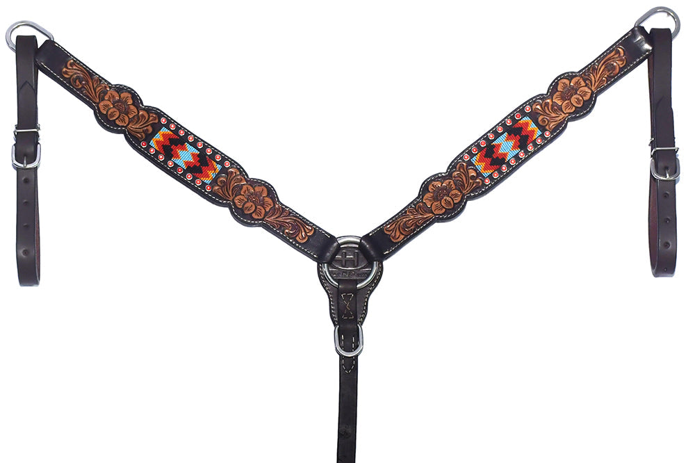 Bar H Equine Genuine Western American Leather Horse Premium Headstall &amp; Breast Collar Set
