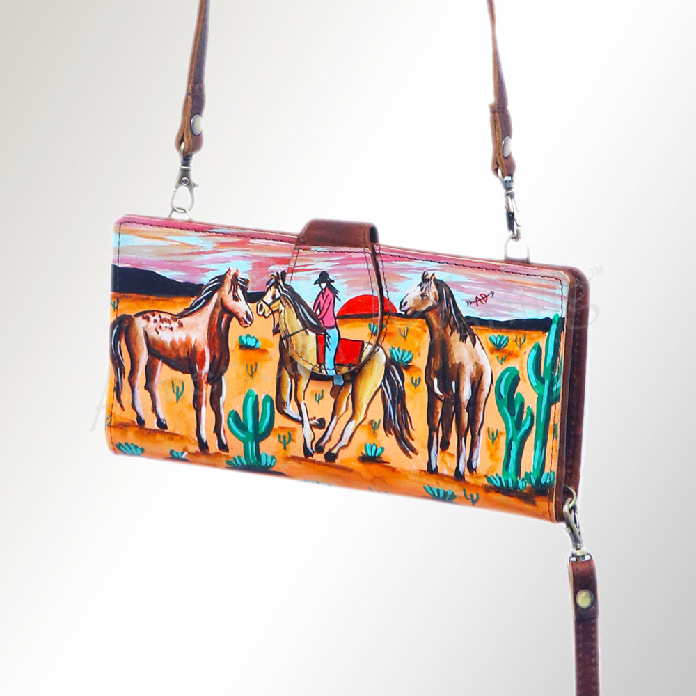 American Darling Wristlet Bag, Hand-Painted Genuine Leather, Western Vegetable Tanned Full Grain Leather Wallet Bag