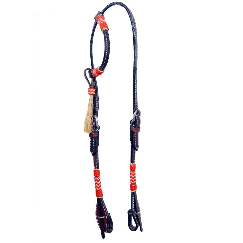 Bar H Equine Western Horse Genuine Leather Raw Hide One Ear Headstall Dark Brown