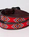 BAR H EQUINE Red Beaded Black Crystal Hand Carved Western Leather Belt Antique Brown