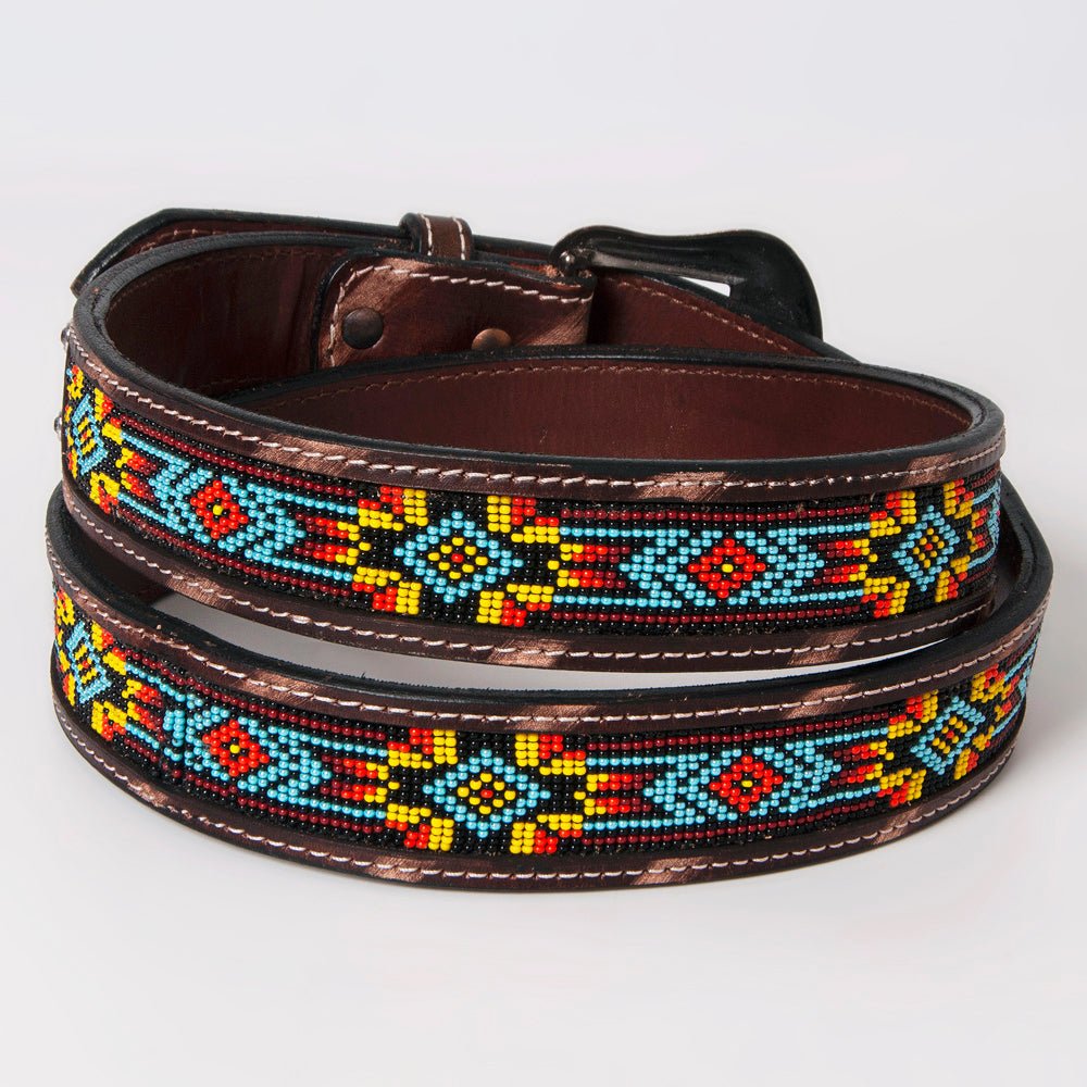 BAR H EQUINE Beaded Crystal Basket Tooled Hand Carved Western Leather Men And Women Belt Antique Brown