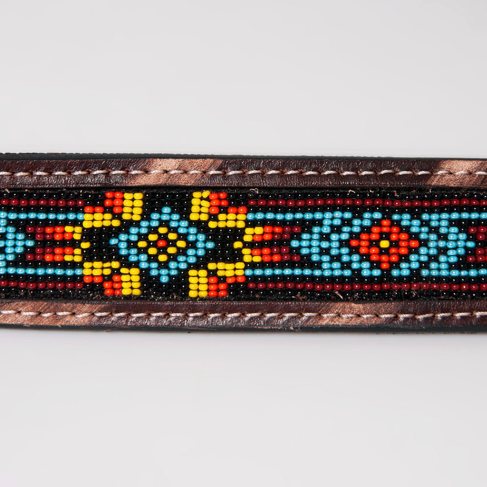 BAR H EQUINE Beaded Crystal Basket Tooled Hand Carved Western Leather Men And Women Belt Antique Brown