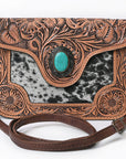 American Darling Cross body Bag Western Leather Hair-On Cowhide Hand Tooled Floral Turquoise Concho 8in x 10in