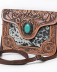 American Darling Cross body Bag Western Leather Hair-On Cowhide Hand Tooled Floral Turquoise Concho 8in x 10in