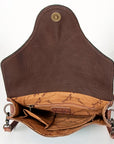 American Darling Cross body Bag Western Leather Hair-On Cowhide Hand Tooled Floral Turquoise Concho 8in x 10in