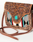 American Darling Cross body Bag Western Leather Hair-On Cowhide Hand Tooled Floral Turquoise Concho 8in x 10in