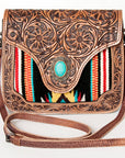 American Darling Cross body Bag Western Leather Hair-On Cowhide Hand Tooled Floral Turquoise Concho 8in x 10in