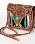 American Darling Cross body Bag Western Leather Hair-On Cowhide Hand Tooled Floral Turquoise Concho 8in x 10in