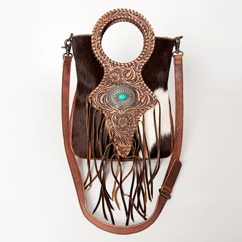 American Darling Clutch Bag Western Leather Hand Tooled Floral Carved Hair-On Cowhide Turquoise Concho &amp; Fringes 14x12