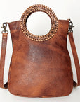 American Darling Clutch Bag Western Leather Hand Tooled Floral Carved Hair-On Cowhide Turquoise Concho & Fringes 14x12