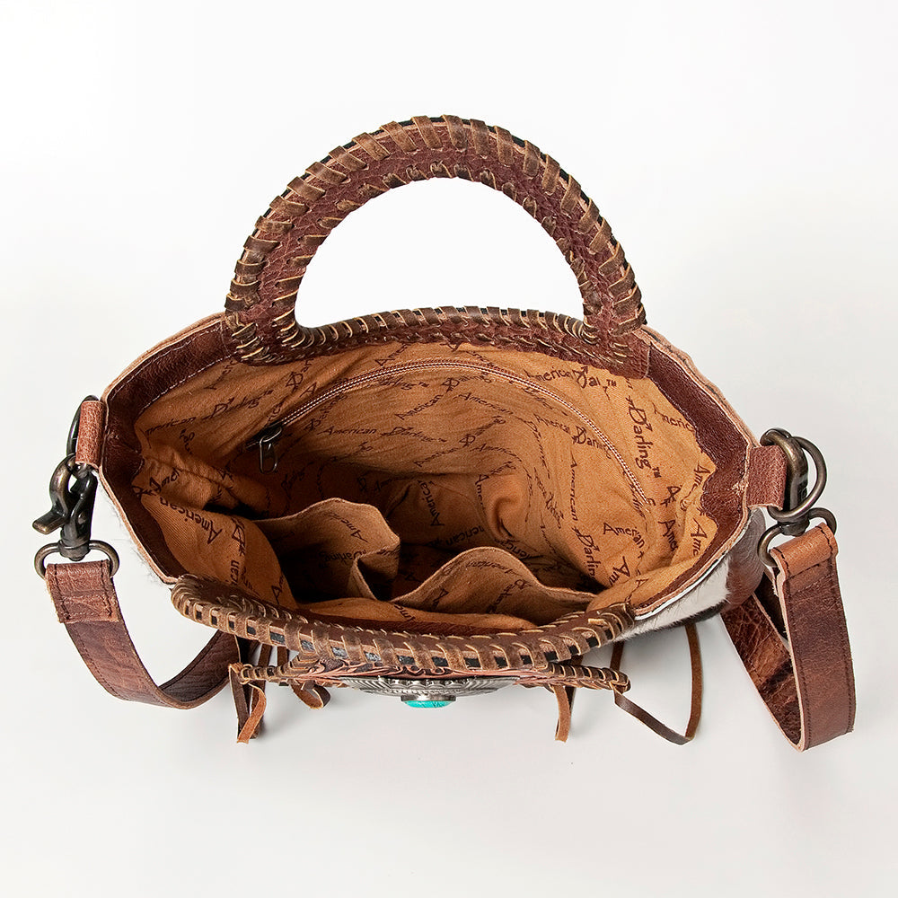 American Darling Clutch Bag Western Leather Hand Tooled Floral Carved Hair-On Cowhide Turquoise Concho &amp; Fringes 14x12