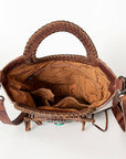 American Darling Clutch Bag Western Leather Hand Tooled Floral Carved Hair-On Cowhide Turquoise Concho & Fringes 14x12