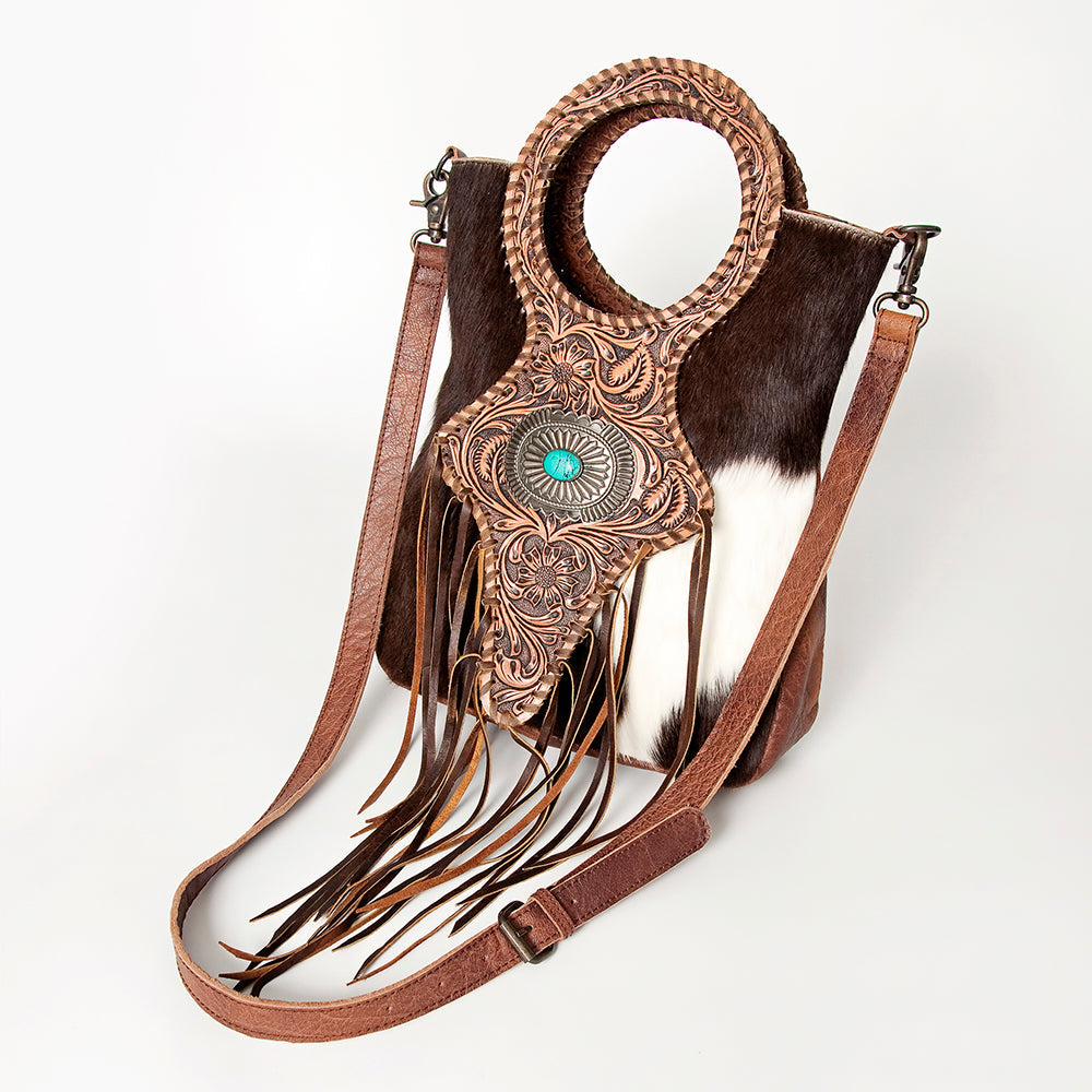 American Darling Clutch Bag Western Leather Hand Tooled Floral Carved Hair-On Cowhide Turquoise Concho &amp; Fringes 14x12