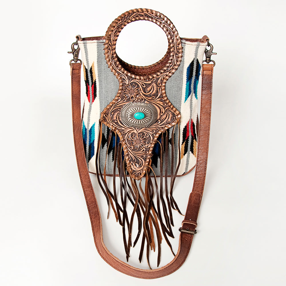 American Darling Clutch Bag Western Leather Hand Tooled Floral Carved Hair-On Cowhide Turquoise Concho &amp; Fringes 14x12