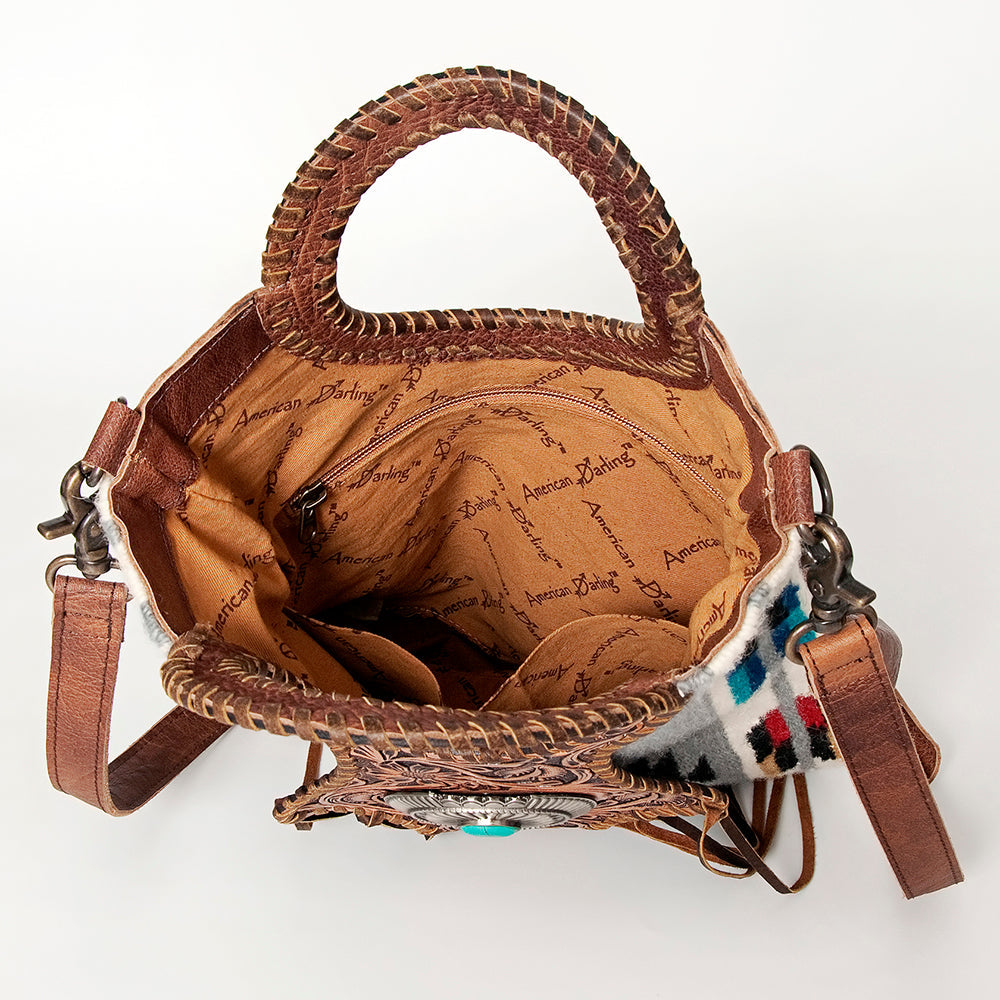 American Darling Clutch Bag Western Leather Hand Tooled Floral Carved Hair-On Cowhide Turquoise Concho &amp; Fringes 14x12