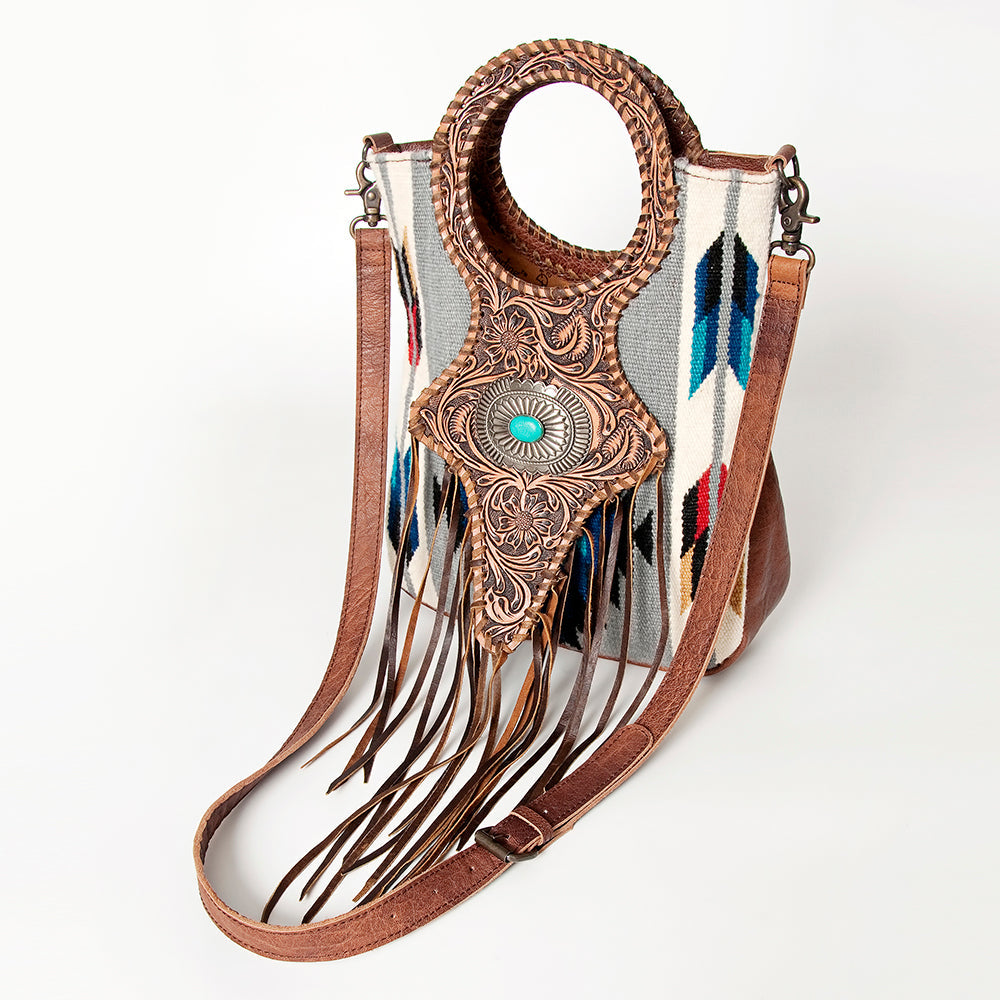 American Darling Clutch Bag Western Leather Hand Tooled Floral Carved Hair-On Cowhide Turquoise Concho &amp; Fringes 14x12