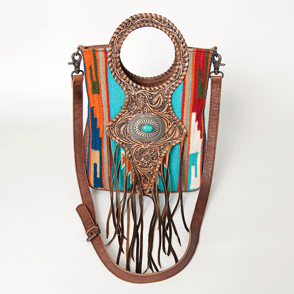 American Darling Clutch Bag Western Leather Hand Tooled Floral Carved Hair-On Cowhide Turquoise Concho &amp; Fringes 14x12