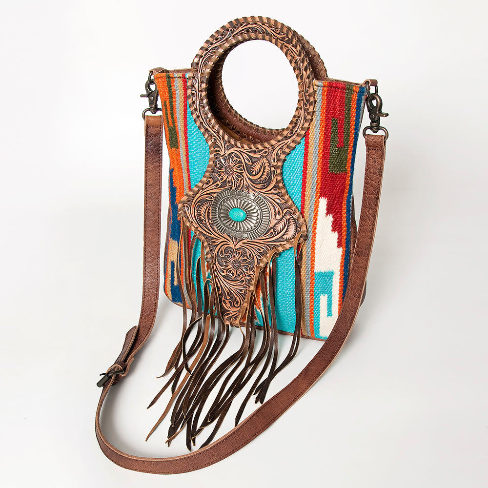 American Darling Clutch Bag Western Leather Hand Tooled Floral Carved Hair-On Cowhide Turquoise Concho &amp; Fringes 14x12