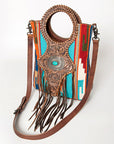 American Darling Clutch Bag Western Leather Hand Tooled Floral Carved Hair-On Cowhide Turquoise Concho & Fringes 14x12