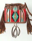 American Darling Bucket Bag Western Leather Hand Woven Saddle Blanket Turquoise Concho Fringes Tassels 11in x 14in