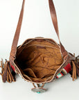 American Darling Bucket Bag Western Leather Hand Woven Saddle Blanket Turquoise Concho Fringes Tassels 11in x 14in