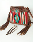 American Darling Bucket Bag Western Leather Hand Woven Saddle Blanket Turquoise Concho Fringes Tassels 11in x 14in