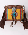 American Darling Bucket Bag Western Leather Hand Woven Saddle Blanket Turquoise Concho Fringes Tassels 11in x 14in