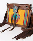 American Darling Bucket Bag Western Leather Hand Woven Saddle Blanket Turquoise Concho Fringes Tassels 11in x 14in
