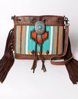 American Darling Bucket Bag Western Leather Hand Woven Saddle Blanket Turquoise Concho Fringes Tassels 11in x 14in