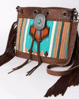American Darling Bucket Bag Western Leather Hand Woven Saddle Blanket Turquoise Concho Fringes Tassels 11in x 14in