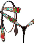 HILASON Western Horse Headstall Breast Collar Set American Leather Rose With Tan