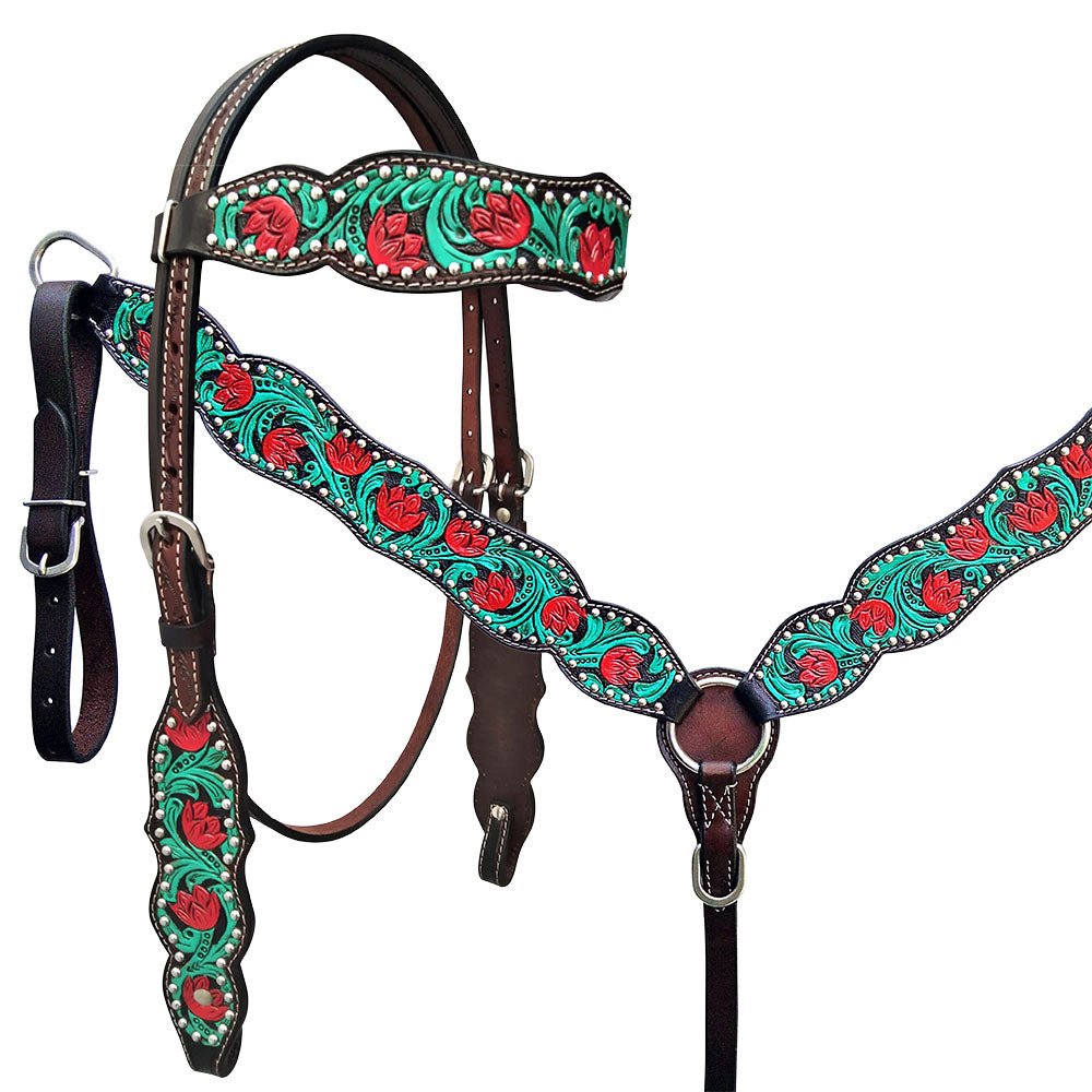 Hand-Carved Leather Western Headstall And Breast Collar Set For Training And Showing