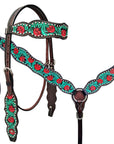 HILASON Western Horse Headstall Breast Collar Set American Leather Floral Dark Brown with Turquoise | Tack for Horses