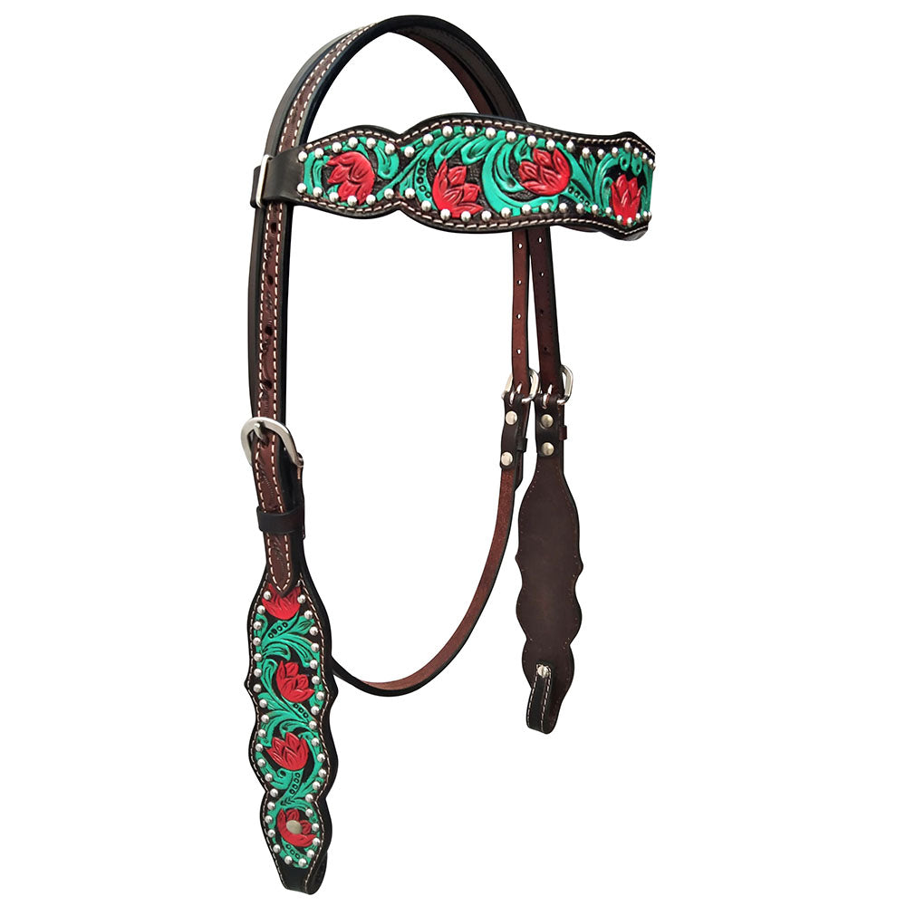 HILASON Western Horse Headstall Breast Collar Set American Leather Floral Dark Brown with Turquoise | Tack for Horses
