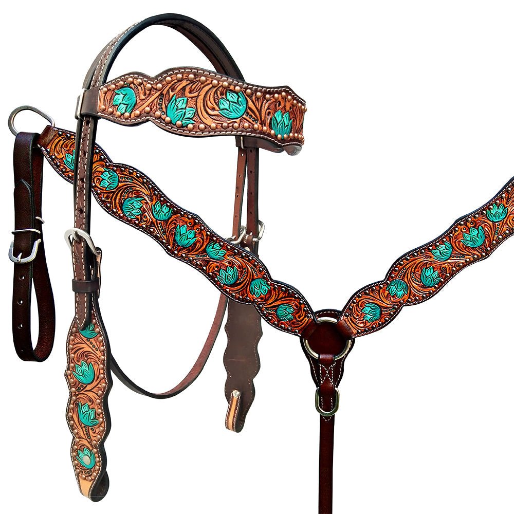 Hand-Carved Leather Western Headstall And Breast Collar Set For Training And Showing