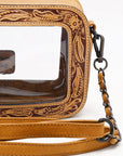 Clear Crossbody Bag With Hand Tooled Tan Leather Trim