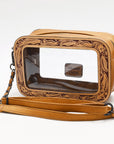 Clear Crossbody Bag With Hand Tooled Tan Leather Trim