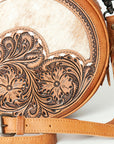 American Darling Canteen Bag Western Leather Hand Tooled Floral Carved Hair-On Cowhide Buck Stitched 10in x 10in