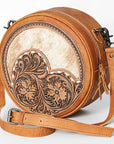 American Darling Canteen Bag Western Leather Hand Tooled Floral Carved Hair-On Cowhide Buck Stitched 10in x 10in