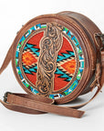 American Darling Canteen Bag Western Leather Hand Tooled Floral Carved Hair-On Cowhide Buck Stitched 10in x 10in