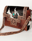 American Darling Messenger Bag Western Leather Hand Tooled Floral Carved Hair-On Cowhide Buckstitched 12in x 16in