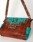 American Darling Messenger Bag Western Leather Hand Tooled Floral Carved Hair-On Cowhide Buckstitched 12in x 16in