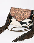 American Darling Cross body Bag Western Leather Hair-On Cowhide Braided Detail with Fringes 8in x 11in