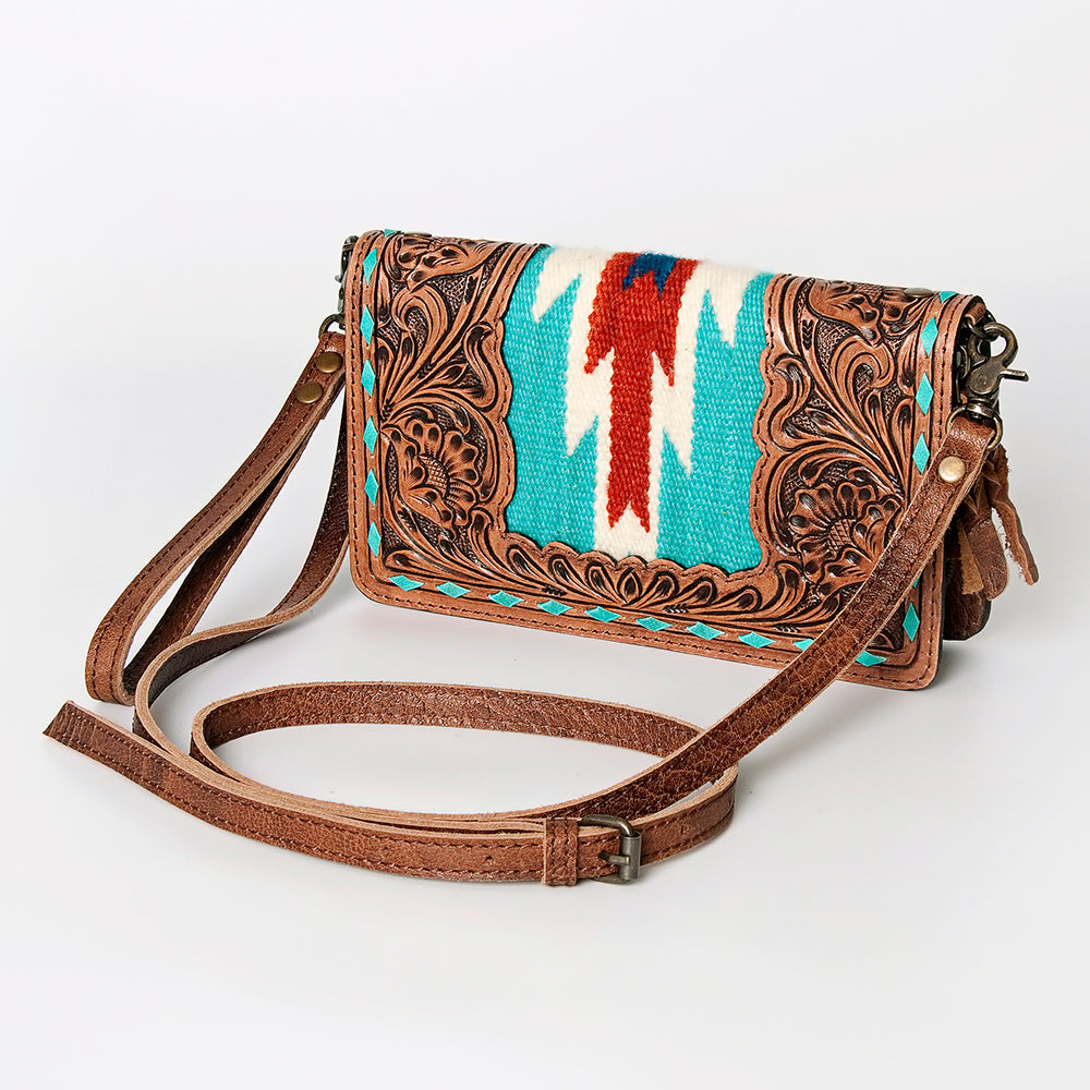 American Darling Small Cross body Bag for Women, Hand Tooled Floral Leather, Woven Saddle Blanket, Genuine Leather Purse
