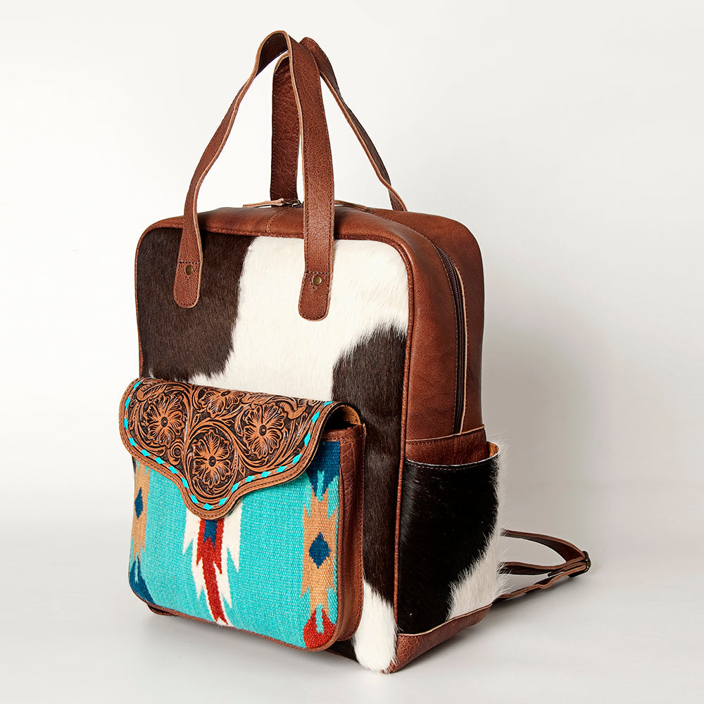 American Darling Backpack, Hand Tooled Floral Leather, Hair-On Cowhide &amp; Woven Saddle Blanket, Western Style Genuine Leather