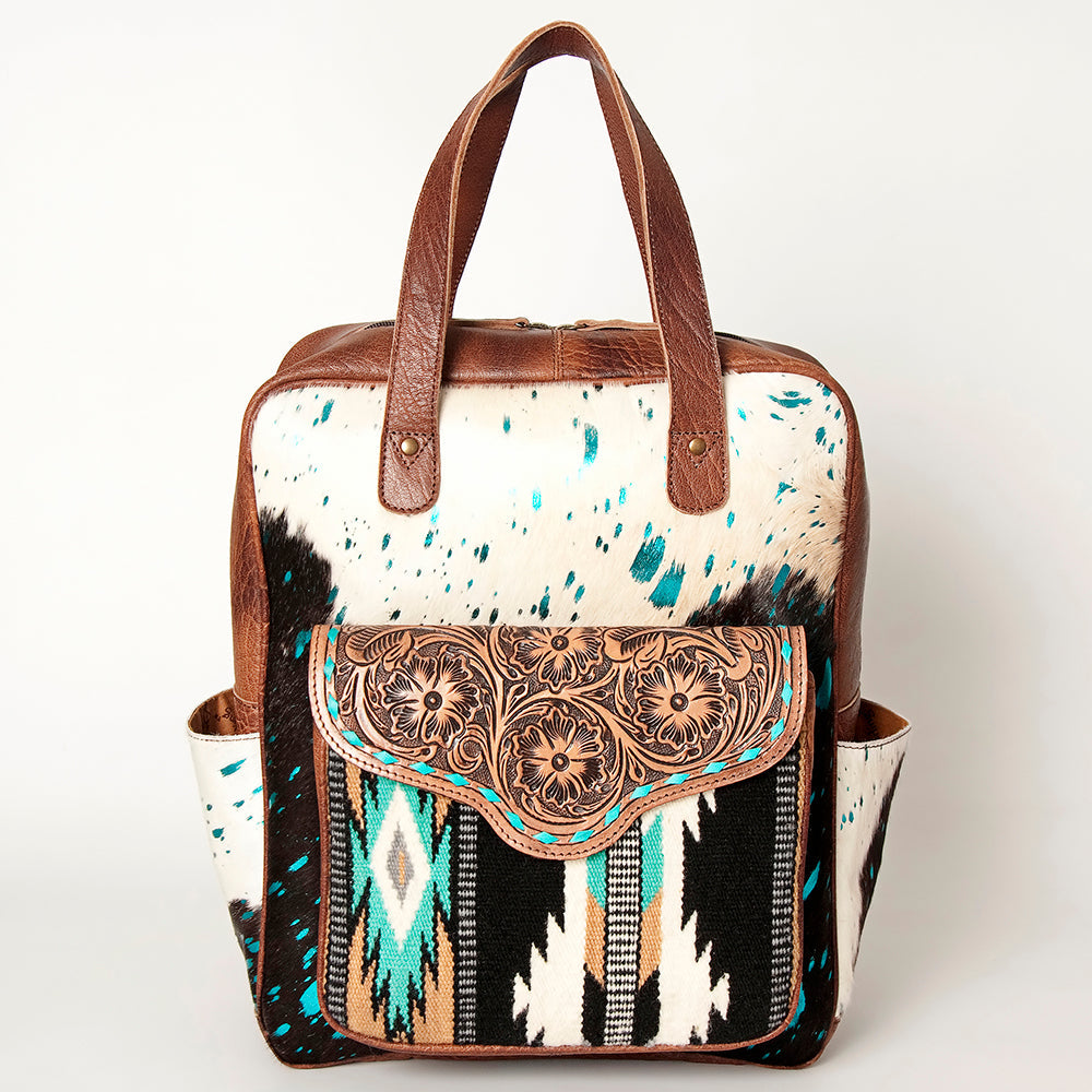 American Darling Backpack, Hand Tooled Floral Leather, Hair-On Cowhide &amp; Woven Saddle Blanket, Western Style Genuine Leather